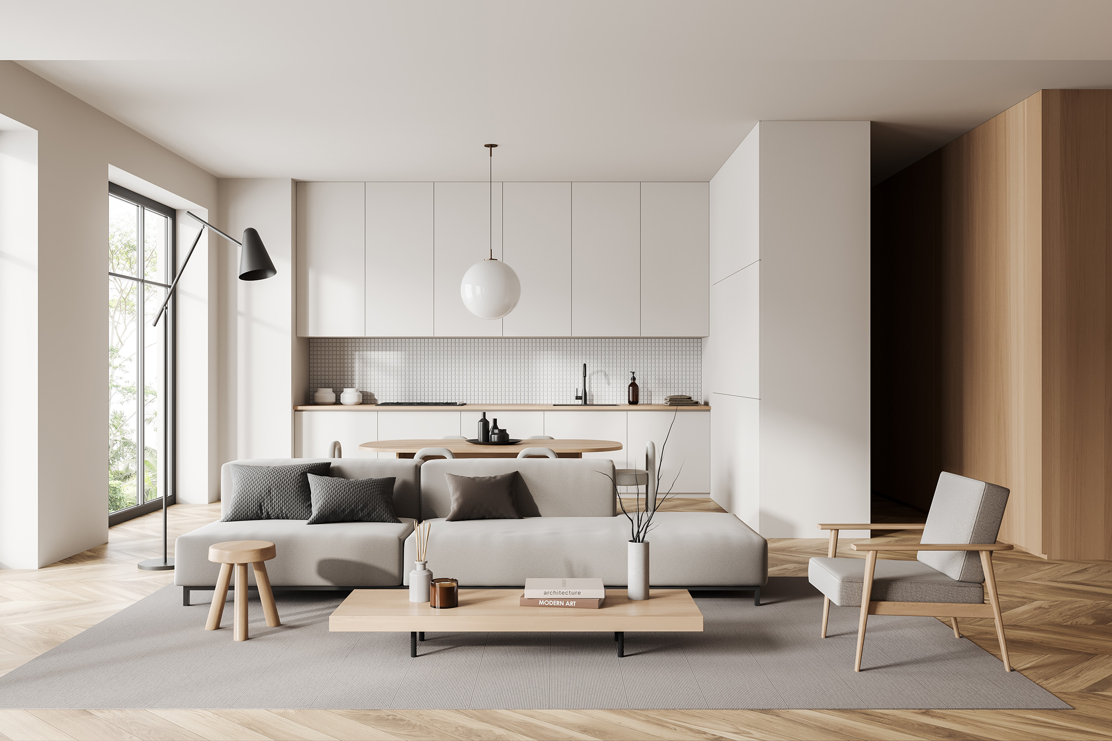 Schlicht-modernes Wohnzimmer mti viel Holz und skandinavischen Möbeln